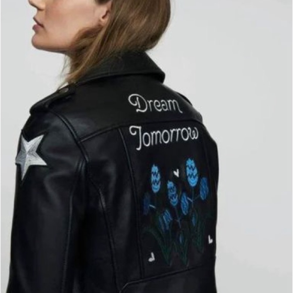 Maje silk embroidered lamb leather jacket